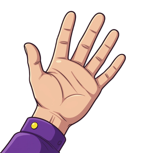 a human hand, pale skin tone, stylized with thin black outlines, soft dithering for shading, palm facing left, elegant slightly curved fingers, purple clothing sleeve with a yellow dot, retro game style