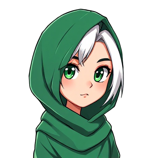 menina de anime com roupa verde, pele branca, cabelo branco