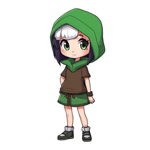 menina de anime com roupa verde, pele branca, cabelo branco