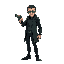 a man from the matrix points a gun in front of him, at the spectator