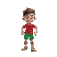 soccer player with red shirt and green shorts