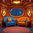 2 sofas in the hitchhiker's guide to the galaxy orange and blue sofas. luro and his friend are standing next to each otherhe interior of the golden ship has a golden heart shell. 
