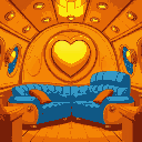2 sofas in the hitchhiker's guide to the galaxy orange and blue  the interior of the golden ship has a golden heart shell. 