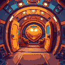  hitchhiker's guide to the galaxy orange and blue. the buzzing doors open open interior of the gothe buzzing doors open openlden ship has a golden heart shell. 