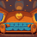 2 sofas in the hitchhiker's guide to the galaxy orange and blue sofas.  the interior of the golden ship has a golden heart shell. 