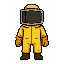 a character wearing a yellow beekeeper suit.  the character should have a full-body yellow protective suit with orange gloves and black boots. 