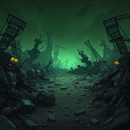 a dark, post-apocalyptic world filled with ruined technology and broken robots scattered across the ground, piles of metallic junk and twisted machinery. the atmosphere is heavy and moody, with a greenish glow illuminating the scene, creating an eerie con