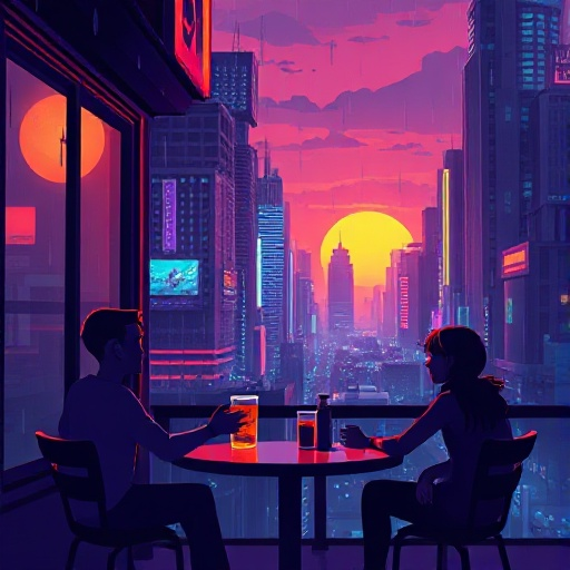 cyberpunk cityscape, at sunset, rain drop on windows, two people sitting at a cafe enjoying a cold beverage. the whole scene is bathed in the neon lights of the city contrasting the setting sun. 