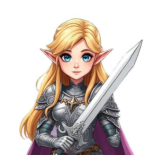 female elven paladin, golden hair, ethereal radiance, intricate silver armor with vine motifs, longsword, soft dawnlight filtering through ancient trees
