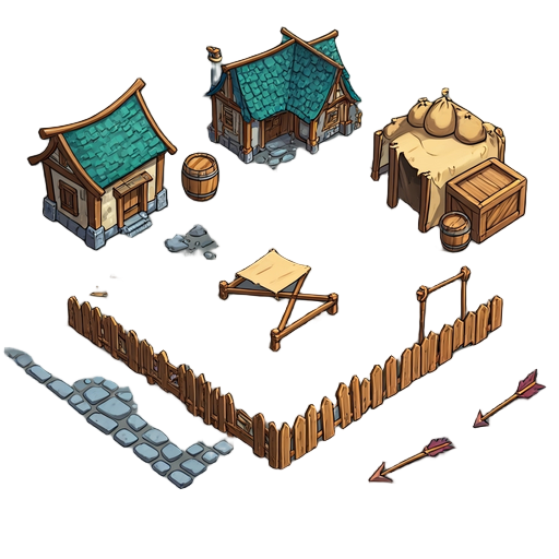 top-down orthographic, slight 3/4 tilt, cel-shaded, thick ink outline, watercolor paper grain, blue-stone + teal roofs palette. keep clean silhouettes and tile-safe edges,medieval prop set: metal-banded barrels, wooden crates, canvas sacks (intact + damag