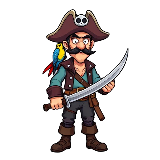 2d pirate in the style of snes games! with a saber in his hands and a parrot on his shoulder 