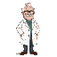 half side profile, side scroll game character , 60 pixels long , fat , old scientist with glasses and lab coat. half hair top of the head is bald. 