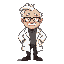 half side profile , 60 pixels long , fat , old scientist with glasses and lab coat. half hair top of the head is bald