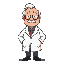 half side profile, side scroll game character , low detailed face ,  60 pixels long , fat , old scientist with glasses and lab coat. half hair top of the head is bald. 