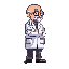 half side profile , 60 pixels long , fat , old scientist with glasses and lab coat. half hair top of the head is bald