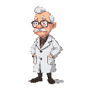 half side profile , 60 pixels long , fat , old scientist with glasses and lab coat. half hair top of the head is bald