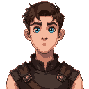 young adult male with brown hair and blue eyes and pale skin. leather tunic.