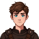 young adult male with brown hair and blue eyes and pale skin. leather tunic.