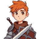 young adult male with orange-red hair and a longsword and a shield wearing plate armor.