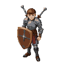 young adult male in plate armor with one longsword on his back and a wooden shield.