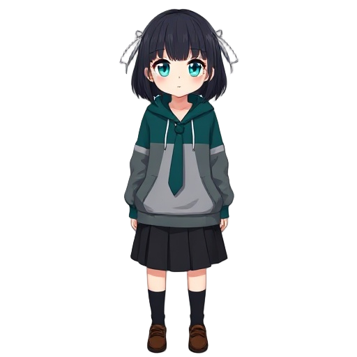 a 2d anime-style young female character in t-pose, shoulder-length black hair with front bangs and white ribbons on both sides, large teal eyes, expressionless face, wearing a dark teal and gray zip-up hoodie over a white shirt with a tie, black pleated s