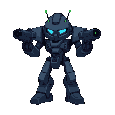 droid with guns in very dark blue/grey and small brightly colored sensors (lighter blue, green, orange, red)