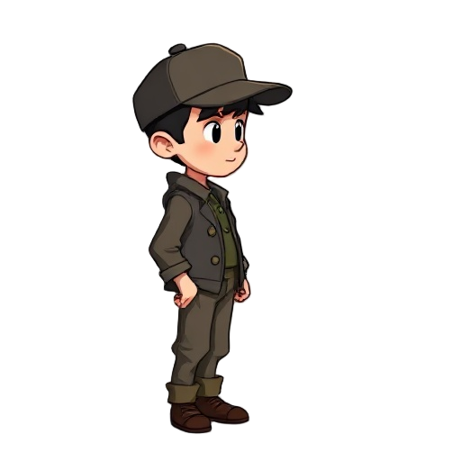  2d sprite of a boy named jack, idle pose, facing right, 1930s cap, old clothes, stylized like little nightmares, soft shadows, no background, for unity game, png style.