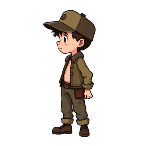 2d character sprite of a young boy named jack in idle pose, facing right. he wears a 1930s-style cap, old patched clothes, and simple shoes. slightly hunched posture, stylized like little nightmares, 