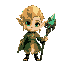 elf with yellow hair, green eyes, light skin of great beauty. green clothing with gold edges, dark brown staff and an emerald crystal