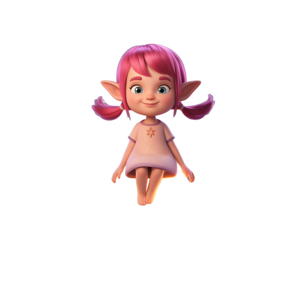an elf girl with pink hair sitting on a small crescent moon, top down view, top down 45 degress