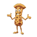 he is a pizza-headed gentleman, he has a pizza body and his arms and legs are made of dough. 