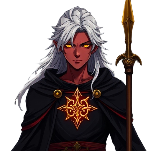 crimson-skinned, silver-haired elven male in black robes, glowing gold balance sigil on chest. golden spear-staff, intense gold eyes, long flowing hair, shadowed cathedral, gothic arches, solemn dark high-fantasy anime style, dramatic lighting, divine aut