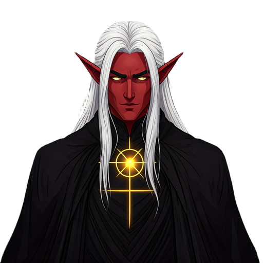 crimson-skinned, silver-haired elven male in black robes, glowing gold balance sigil on chest. golden spear-staff, intense gold eyes, long flowing hair, shadowed cathedral, gothic arches, solemn dark high-fantasy anime style, dramatic lighting, divine aut