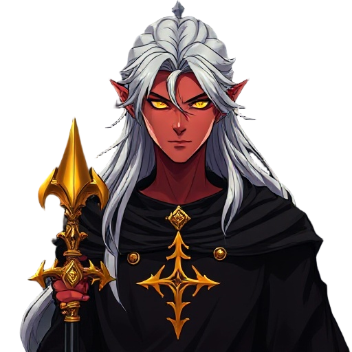 crimson-skinned, silver-haired elven male in black robes, glowing gold balance sigil on chest. golden spear-staff, intense gold eyes, long flowing hair, shadowed cathedral, gothic arches, solemn dark high-fantasy anime style, dramatic lighting, divine aut