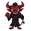 a pixel art of a demonic creature with big eyes. the creature has red skin, sharp teeth, and wears a tattered black robe. he is making a punching gesture. 