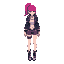 a futuristic female character with vivid pink hair in a ponytail, wearing a sleek jacket, shorts, and boots. her design blends lilac and rose tones, mixing elegance with cyberpunk edge, giving her a strong yet graceful appearance.