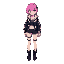 female cyberpunk character, full body, lilac and pink color palette. she has short pink hair, wears a black-and-white futuristic jacket with white highlights, shorts, and boots. her design should look stylish and sleek, with feminine proportions.