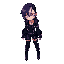 futuristic female, short asymmetrical dark purple hair fading to silver, long fringe over one eye, neon purple glowing eyes. sleek leather coat with metallic accents, high boots, glowing gloves, subtle neon tattoos, strong yet graceful cyberpunk look, cle