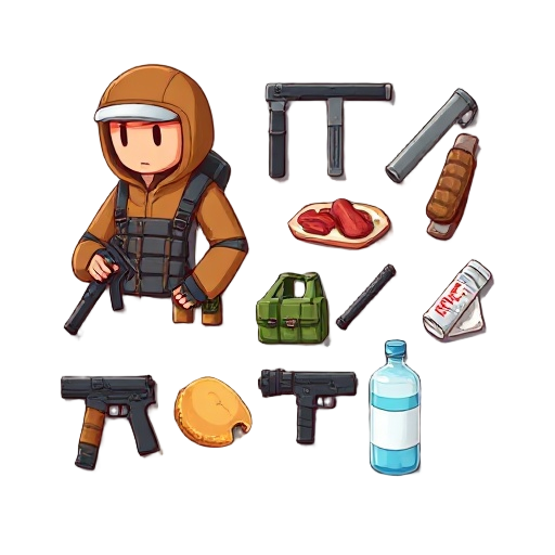 chat quero fazer os equipamentos (colete, capacete, mochila.) pro meu jogo também os armamentos militares ( faca, munição de cada arma específica, arma) e os medicamentos ( bandagem, quit de serurgia, pílula etc) e as comidas ( carne, pão, água )