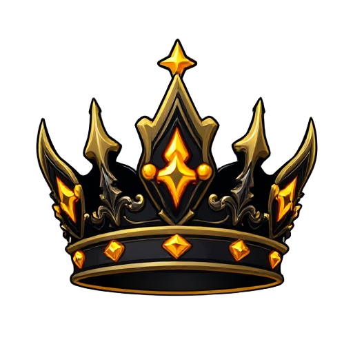 enchanted crown with metal corners, detailed carvings, and glowing runes. it matches the anime fantasy style, with a mystical look that stands out in the game's interface. black and yellow predominate