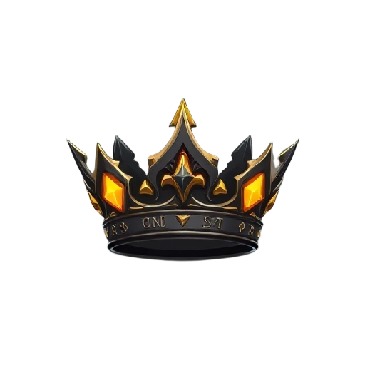 enchanted crown with metal corners, detailed carvings, and glowing runes. it matches the anime fantasy style, with a mystical look that stands out in the game's interface. black and yellow predominate