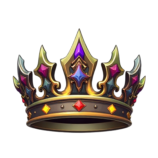 enchanted crown with metal corners, detailed carvings, and glowing runes. fits anime fantasy style with a mystical look that stands out in the game interface.