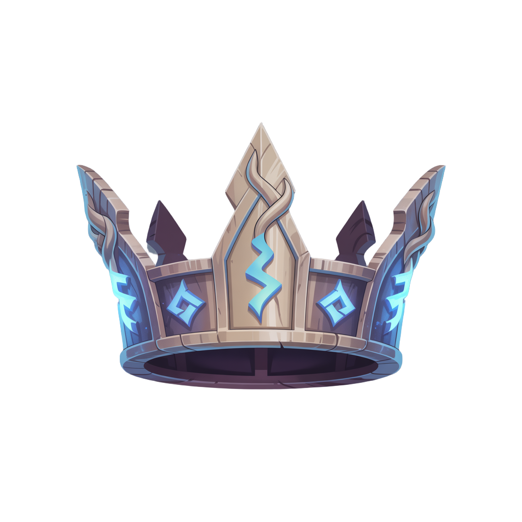 enchanted crown with metal corners, detailed carvings, and glowing runes. fits anime fantasy style with a mystical look that stands out in the game interface.