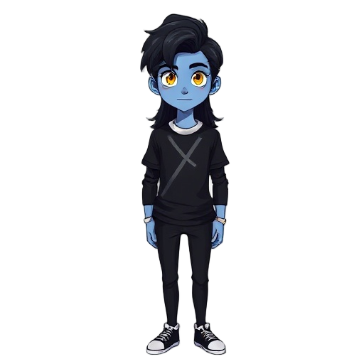 a guy with black long sleeves t-shirt, white cross collar, full black long wavy hair (in the height of ears), blue skin, yellow eyes, black pants and shoes