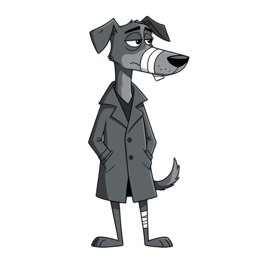 side profile, neo noir detetive dog, long nose with a bandage, skinny legs