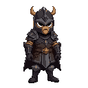 meu personagem é um cavaleiro, com uma armadura preta com detalhes dourados. ele usa um elmo com doi chifres com as pontas avermelhadas representando todos que ele ja matou