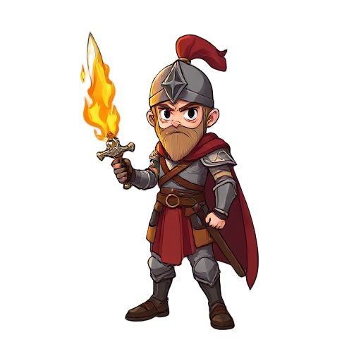 a medival soldier holding a flaming sword