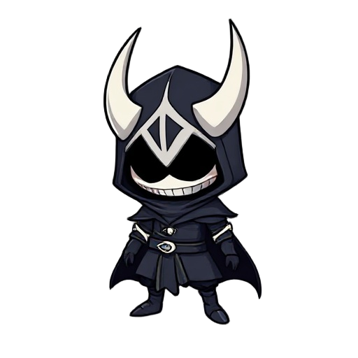 crie um personagem sombrio no estilo do jogo hollow knight. ele possui uma cabeça de chama branca.