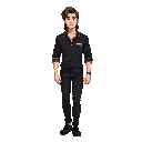 a man with black regatta shirt and black cloths, long hair, walking.