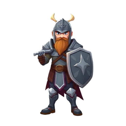 the warrior should look strong, armored, and wielding a sword and shield. 